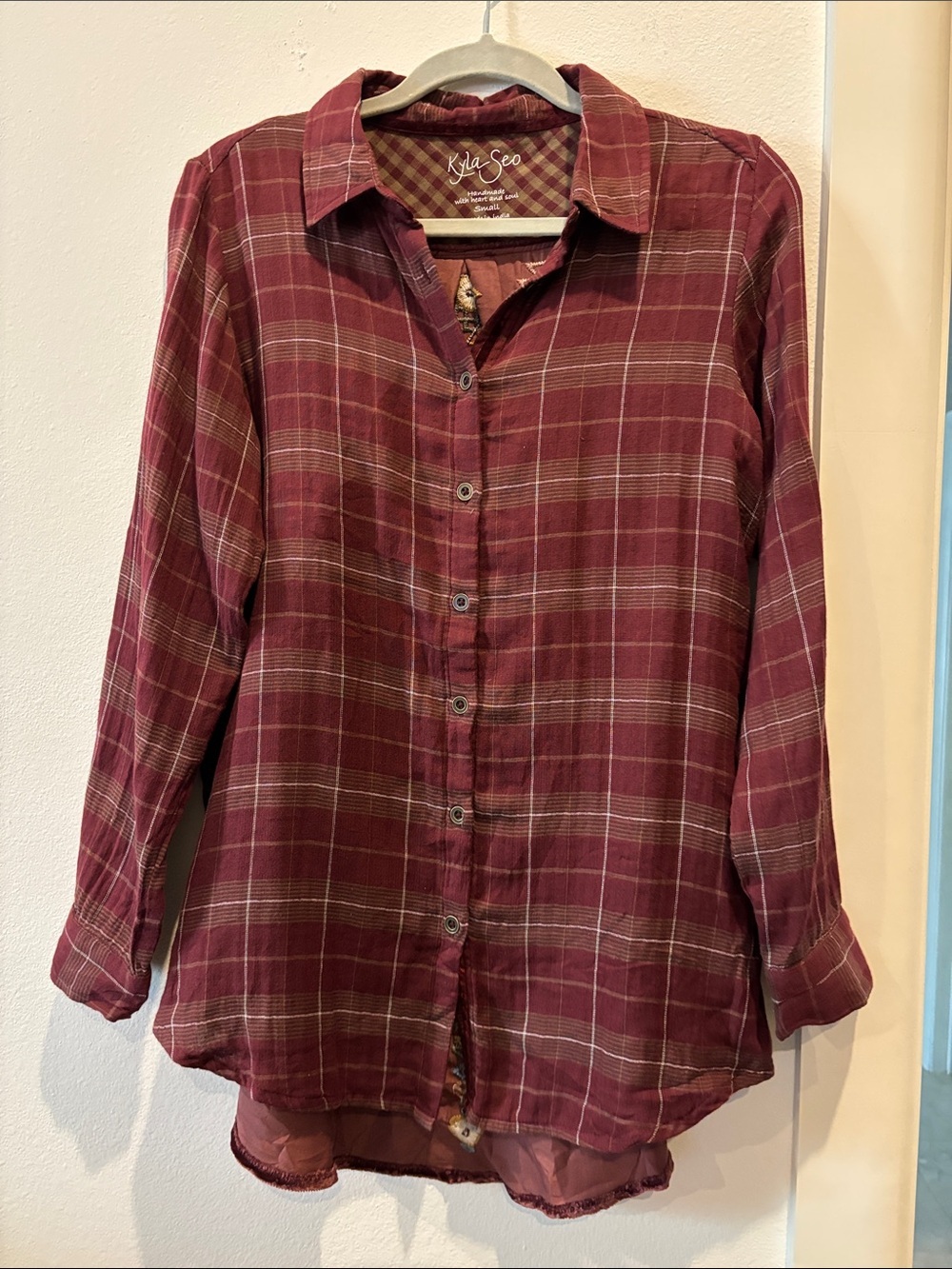 Kyla Seo Burgundy Plaid Button-Up Embroidered Back Shirt Size Small Oversized
